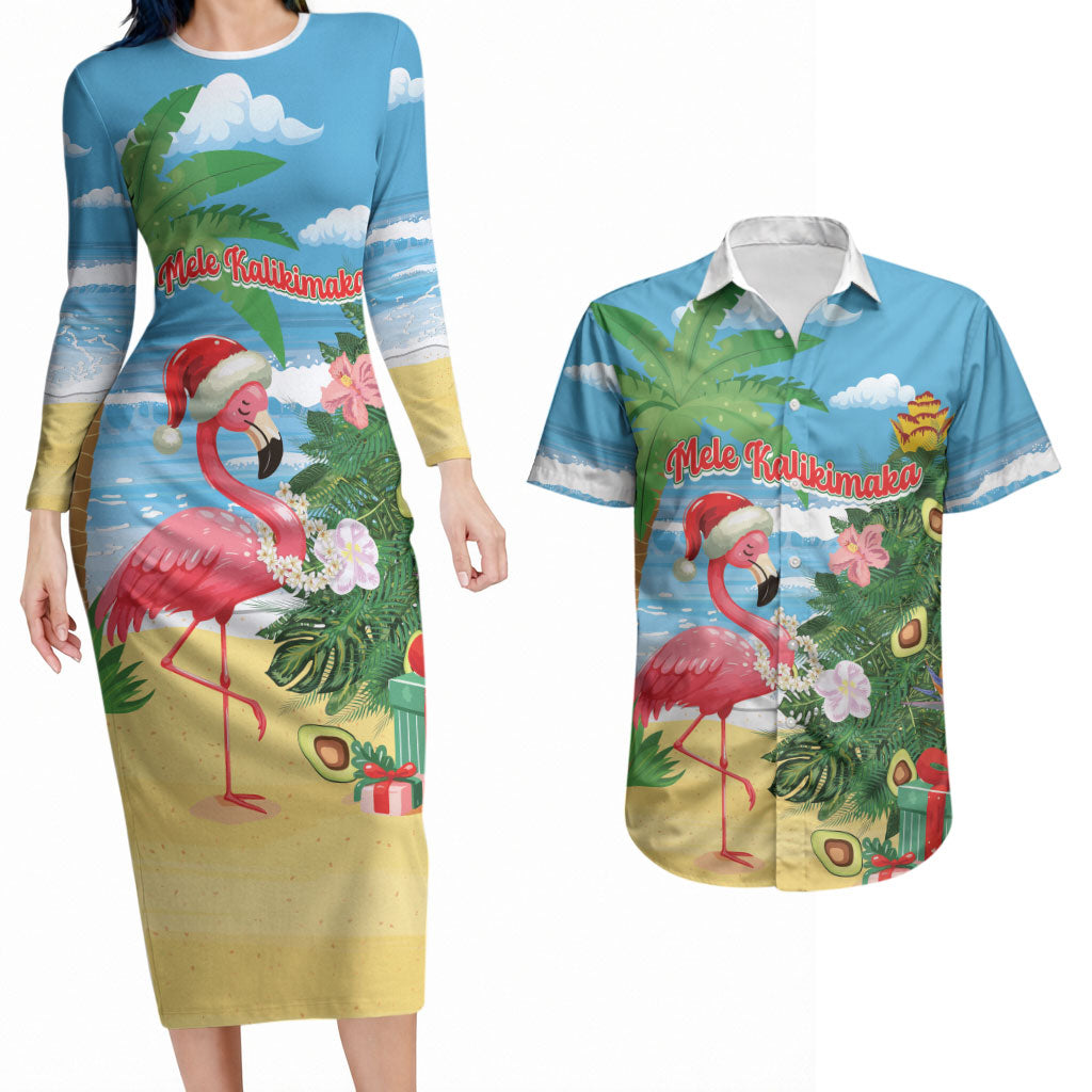 Flamingo Hawaii Summer Christmas Personalized Couples Matching Long Sleeve Bodycon Dress and Hawaiian Shirt Mele Kalikimaka Beachy Vibes LT14 Blue - Polynesian Pride