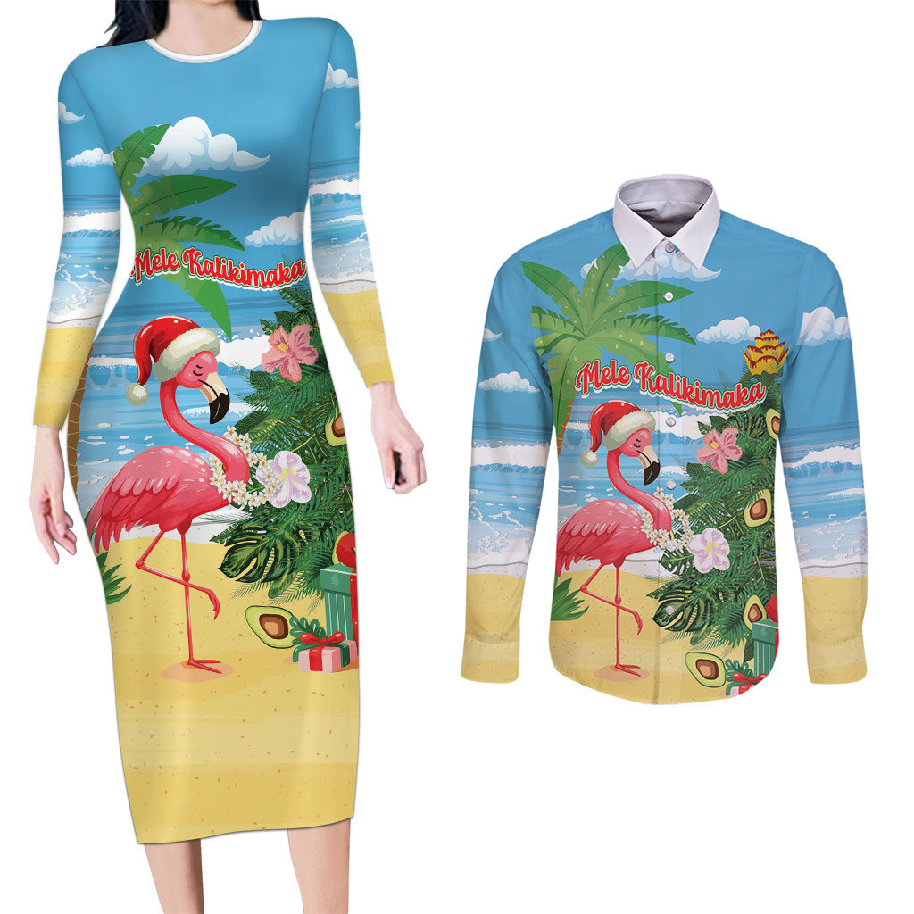 Flamingo Hawaii Summer Christmas Personalized Couples Matching Long Sleeve Bodycon Dress and Long Sleeve Button Shirt Mele Kalikimaka Beachy Vibes LT14 Blue - Polynesian Pride