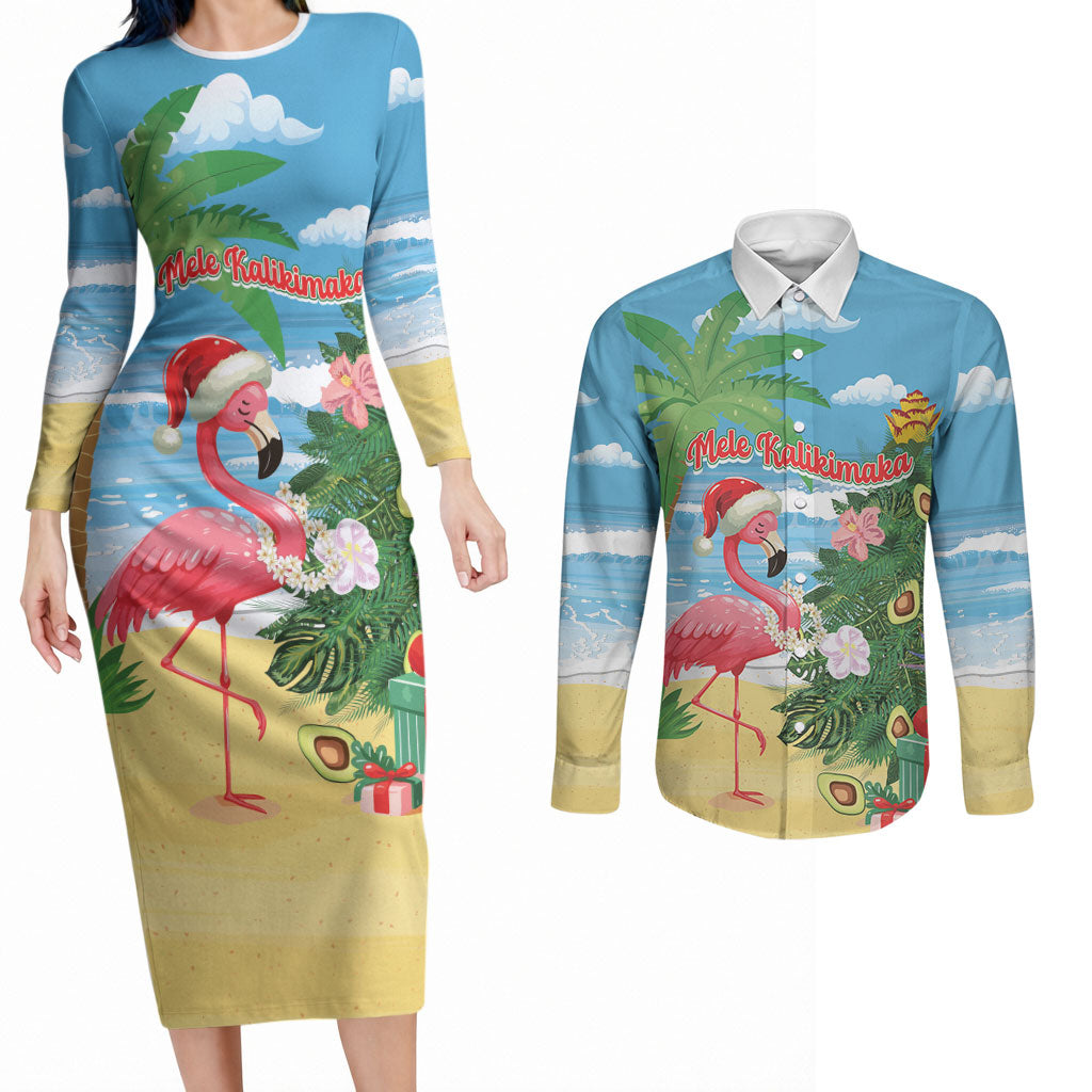 Flamingo Hawaii Summer Christmas Personalized Couples Matching Long Sleeve Bodycon Dress and Long Sleeve Button Shirt Mele Kalikimaka Beachy Vibes LT14 Blue - Polynesian Pride