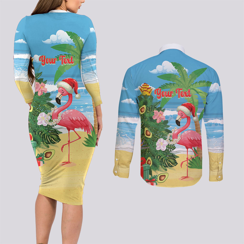 Flamingo Hawaii Summer Christmas Personalized Couples Matching Long Sleeve Bodycon Dress and Long Sleeve Button Shirt Mele Kalikimaka Beachy Vibes LT14 - Polynesian Pride