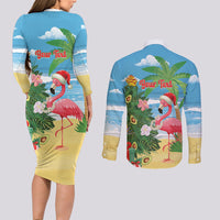 Flamingo Hawaii Summer Christmas Personalized Couples Matching Long Sleeve Bodycon Dress and Long Sleeve Button Shirt Mele Kalikimaka Beachy Vibes LT14 - Polynesian Pride