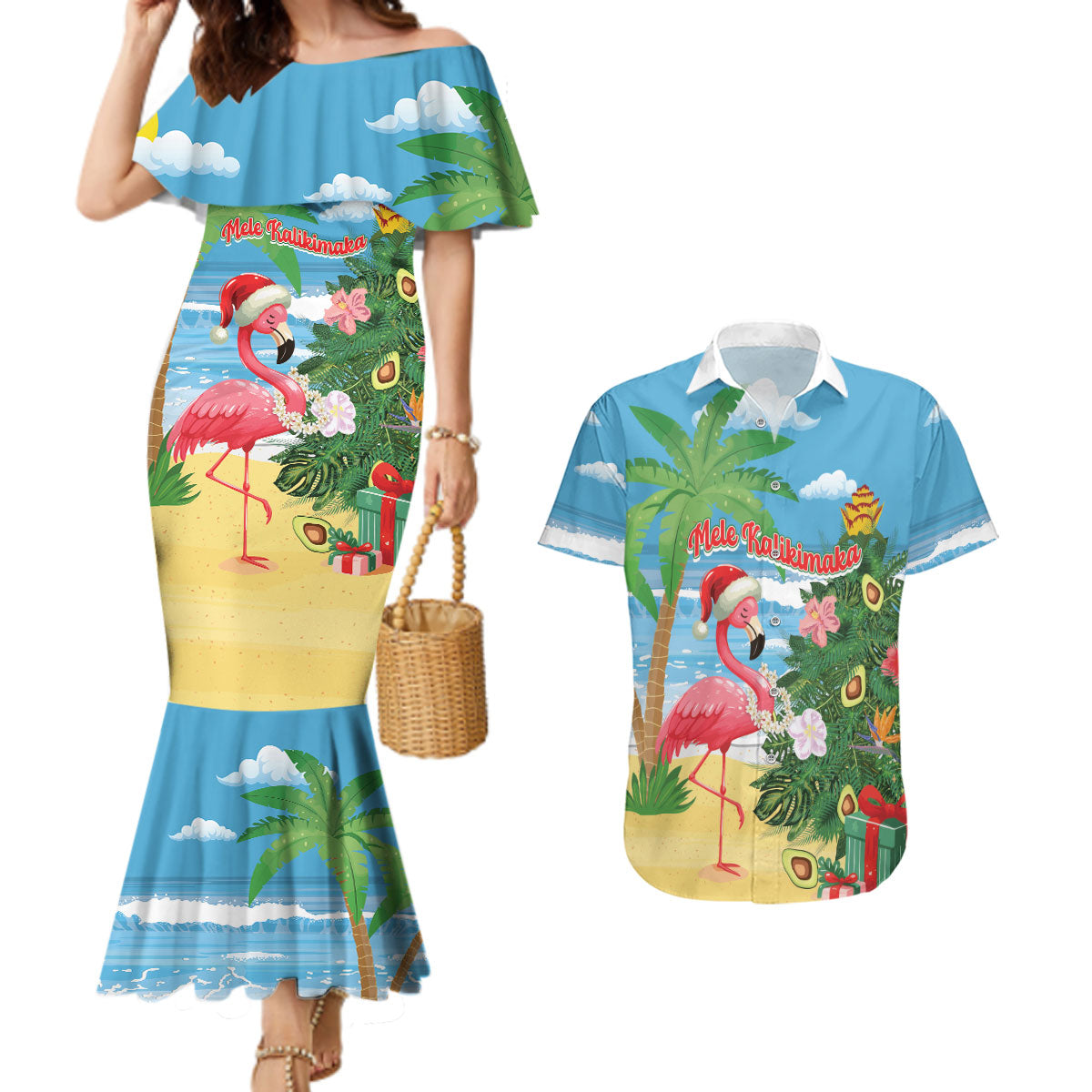 Flamingo Hawaii Summer Christmas Personalized Couples Matching Mermaid Dress and Hawaiian Shirt Mele Kalikimaka Beachy Vibes LT14 Blue - Polynesian Pride