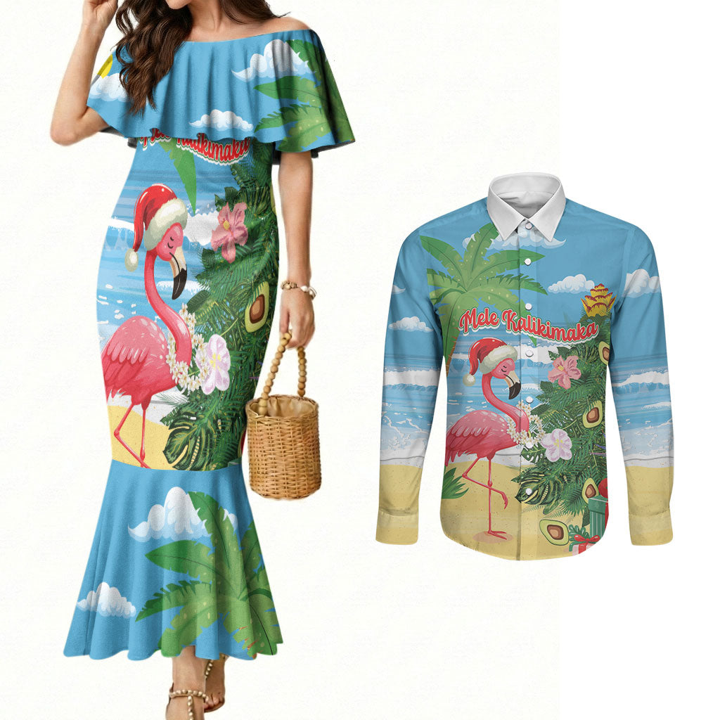 Flamingo Hawaii Summer Christmas Personalized Couples Matching Mermaid Dress and Long Sleeve Button Shirt Mele Kalikimaka Beachy Vibes LT14 Blue - Polynesian Pride