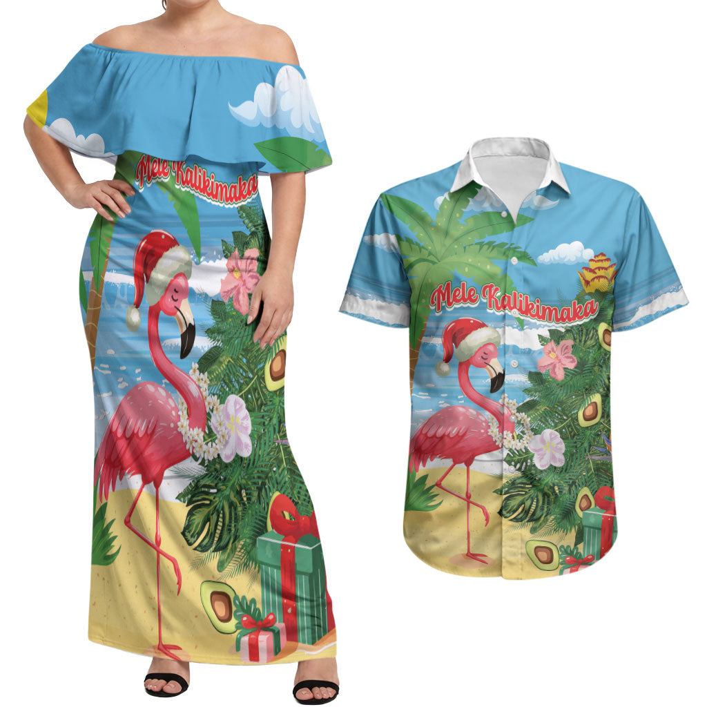 Flamingo Hawaii Summer Christmas Personalized Couples Matching Off Shoulder Maxi Dress and Hawaiian Shirt Mele Kalikimaka Beachy Vibes LT14 Blue - Polynesian Pride