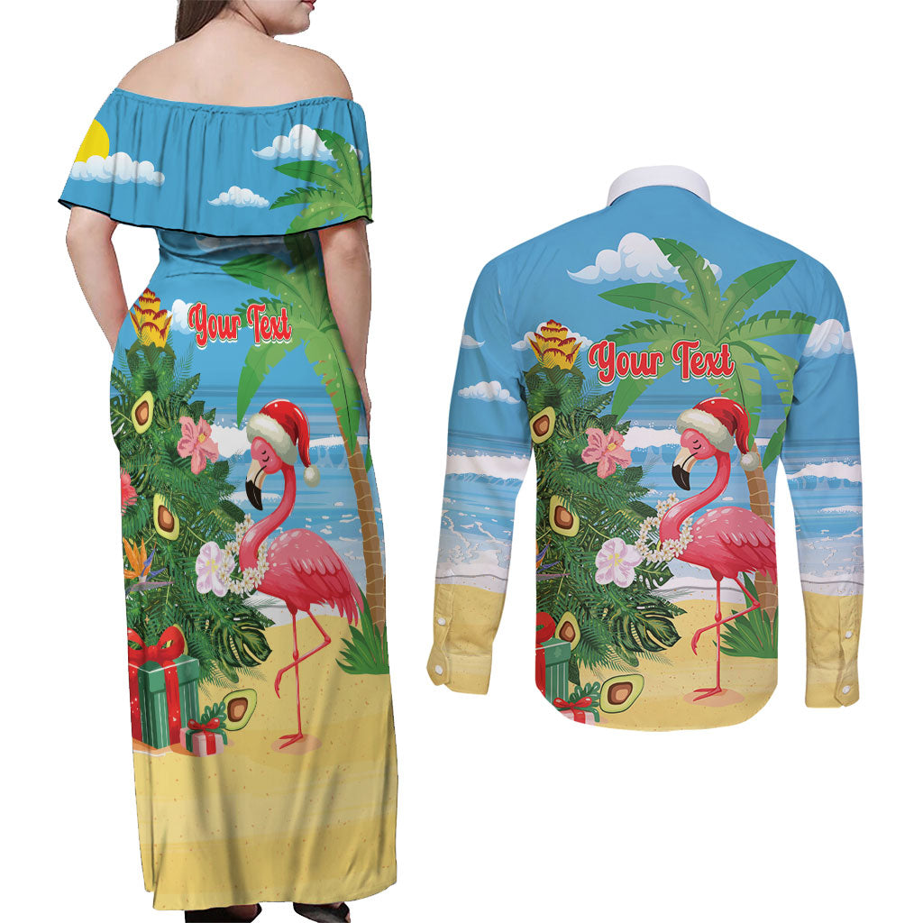 Flamingo Hawaii Summer Christmas Personalized Couples Matching Off Shoulder Maxi Dress and Long Sleeve Button Shirt Mele Kalikimaka Beachy Vibes