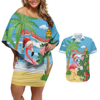 Flamingo Hawaii Summer Christmas Personalized Couples Matching Off Shoulder Short Dress and Hawaiian Shirt Mele Kalikimaka Beachy Vibes LT14 Blue - Polynesian Pride