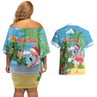 Flamingo Hawaii Summer Christmas Personalized Couples Matching Off Shoulder Short Dress and Hawaiian Shirt Mele Kalikimaka Beachy Vibes LT14 - Polynesian Pride