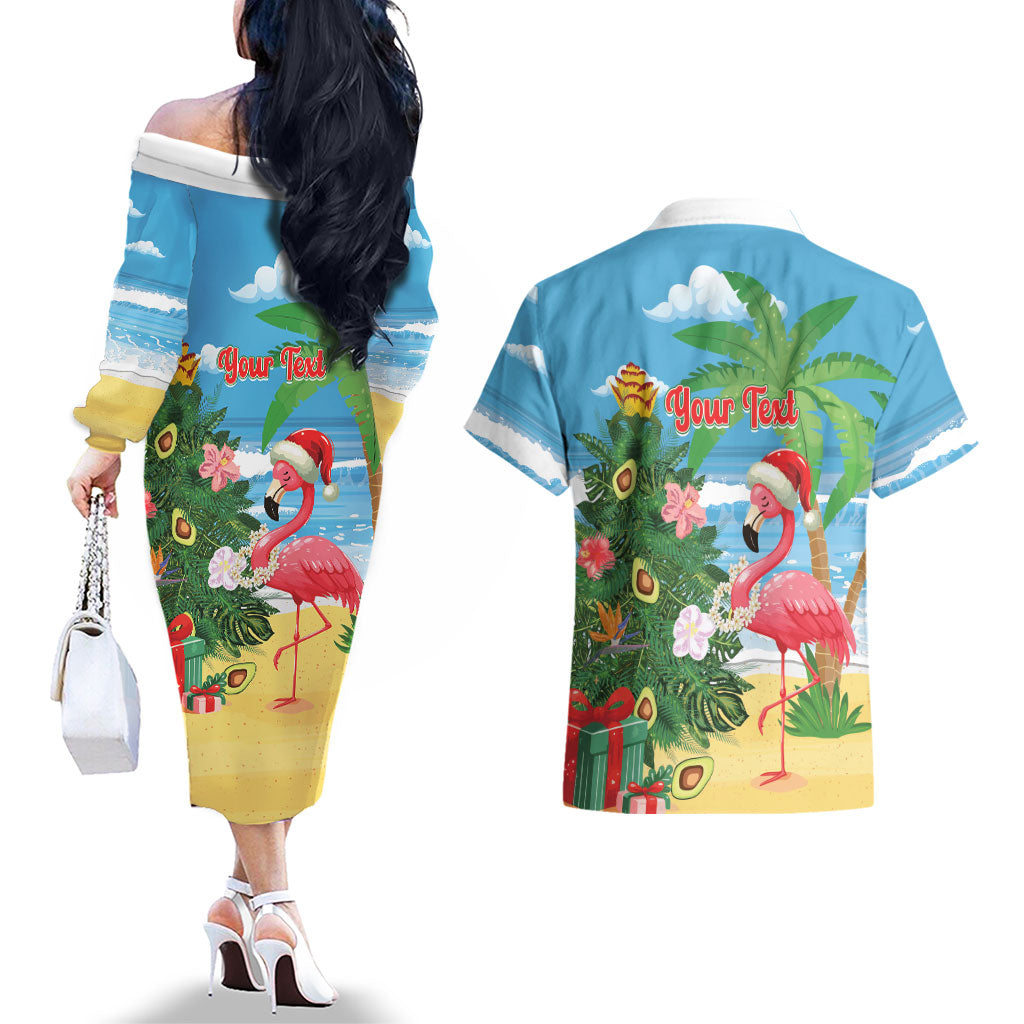 Flamingo Hawaii Summer Christmas Personalized Couples Matching Off The Shoulder Long Sleeve Dress and Hawaiian Shirt Mele Kalikimaka Beachy Vibes LT14 - Polynesian Pride