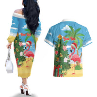 Flamingo Hawaii Summer Christmas Personalized Couples Matching Off The Shoulder Long Sleeve Dress and Hawaiian Shirt Mele Kalikimaka Beachy Vibes LT14 - Polynesian Pride