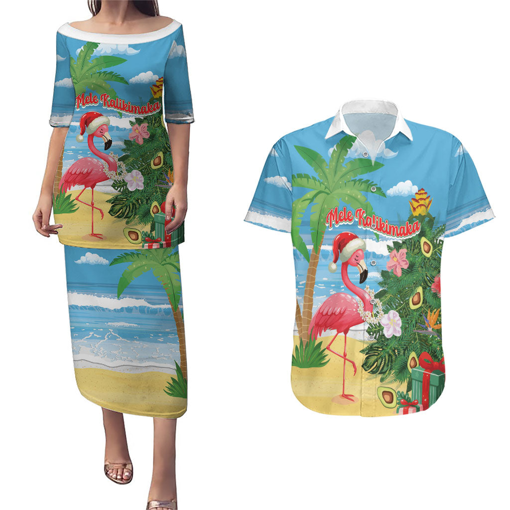 Flamingo Hawaii Summer Christmas Personalized Couples Matching Puletasi and Hawaiian Shirt Mele Kalikimaka Beachy Vibes