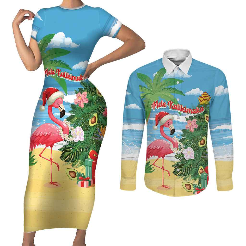 Flamingo Hawaii Summer Christmas Personalized Couples Matching Short Sleeve Bodycon Dress and Long Sleeve Button Shirt Mele Kalikimaka Beachy Vibes LT14 Blue - Polynesian Pride
