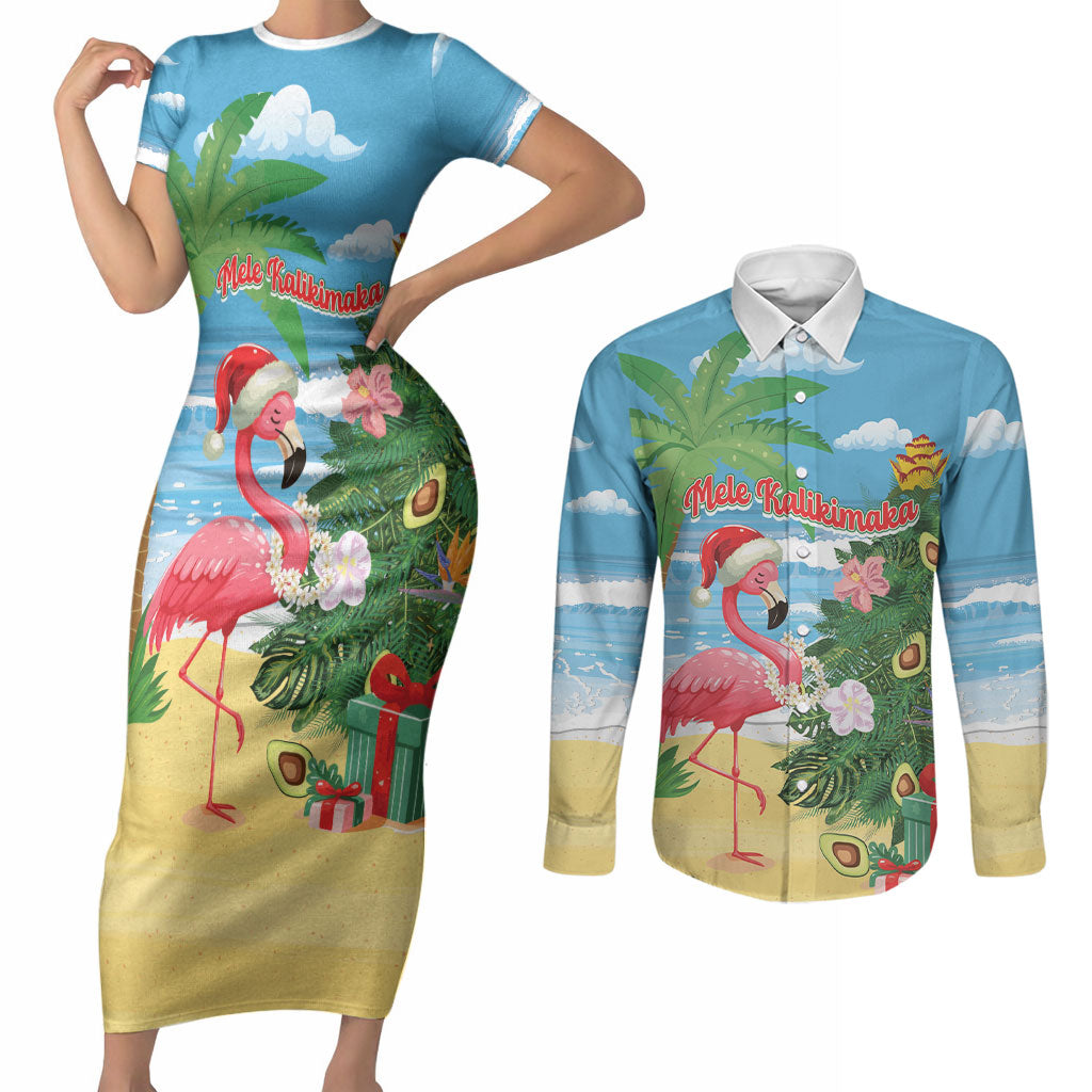 Flamingo Hawaii Summer Christmas Personalized Couples Matching Short Sleeve Bodycon Dress and Long Sleeve Button Shirt Mele Kalikimaka Beachy Vibes LT14 Blue - Polynesian Pride