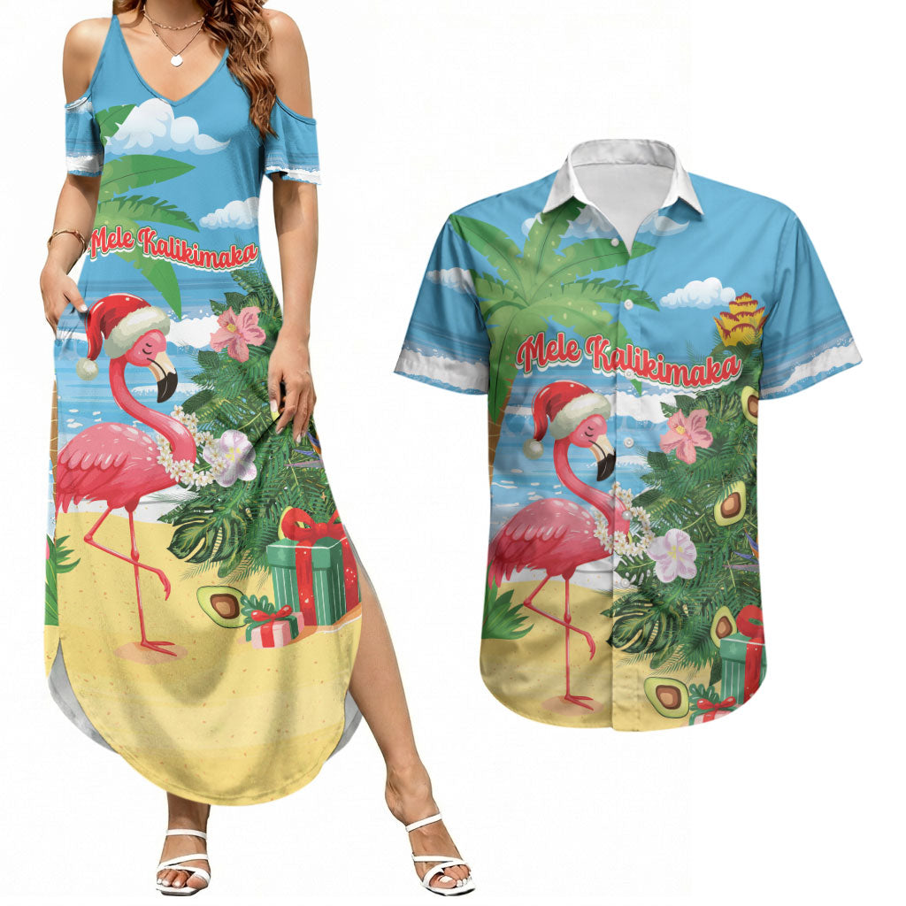 Flamingo Hawaii Summer Christmas Personalized Couples Matching Summer Maxi Dress and Hawaiian Shirt Mele Kalikimaka Beachy Vibes LT14 Blue - Polynesian Pride