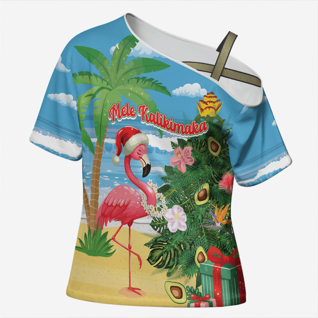 Flamingo Hawaii Summer Christmas Personalized Cross Shoulder Shirt Mele Kalikimaka Beachy Vibes LT14 Female Blue - Polynesian Pride