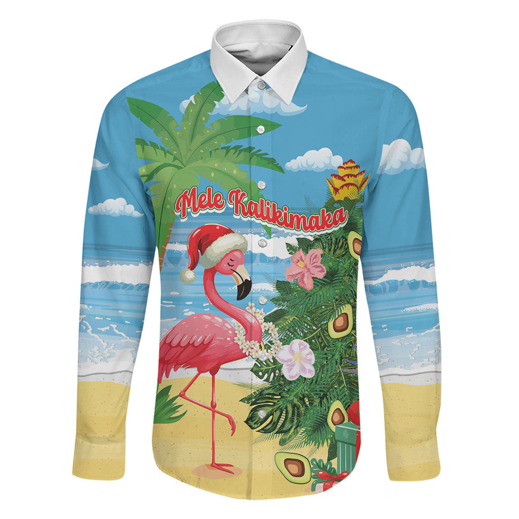 Flamingo Hawaii Summer Christmas Personalized Family Matching Off The Shoulder Long Sleeve Dress and Hawaiian Shirt Mele Kalikimaka Beachy Vibes LT14 Dad's Shirt - Long Sleeve Blue - Polynesian Pride
