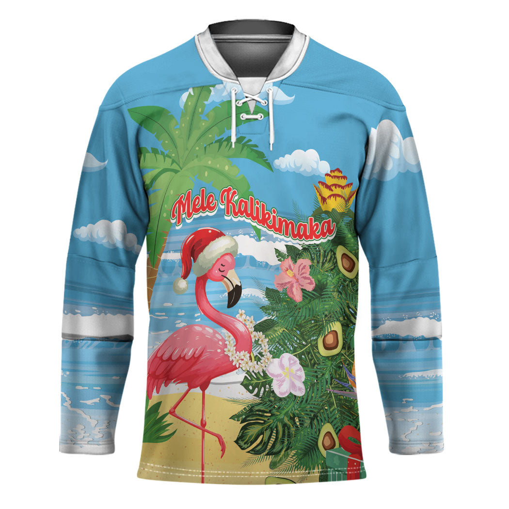 Flamingo Hawaii Summer Christmas Personalized Hockey Jersey Mele Kalikimaka Beachy Vibes LT14 Unisex Blue - Polynesian Pride