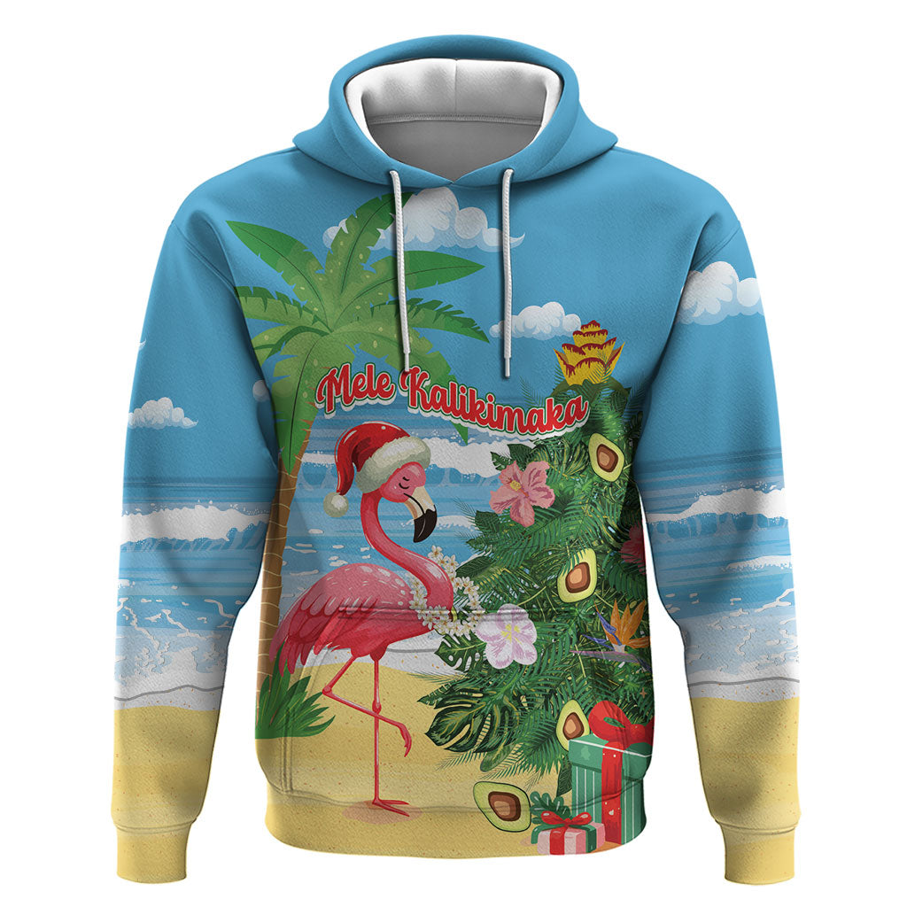 Flamingo Hawaii Summer Christmas Personalized Hoodie Mele Kalikimaka Beachy Vibes LT14 Pullover Hoodie Blue - Polynesian Pride