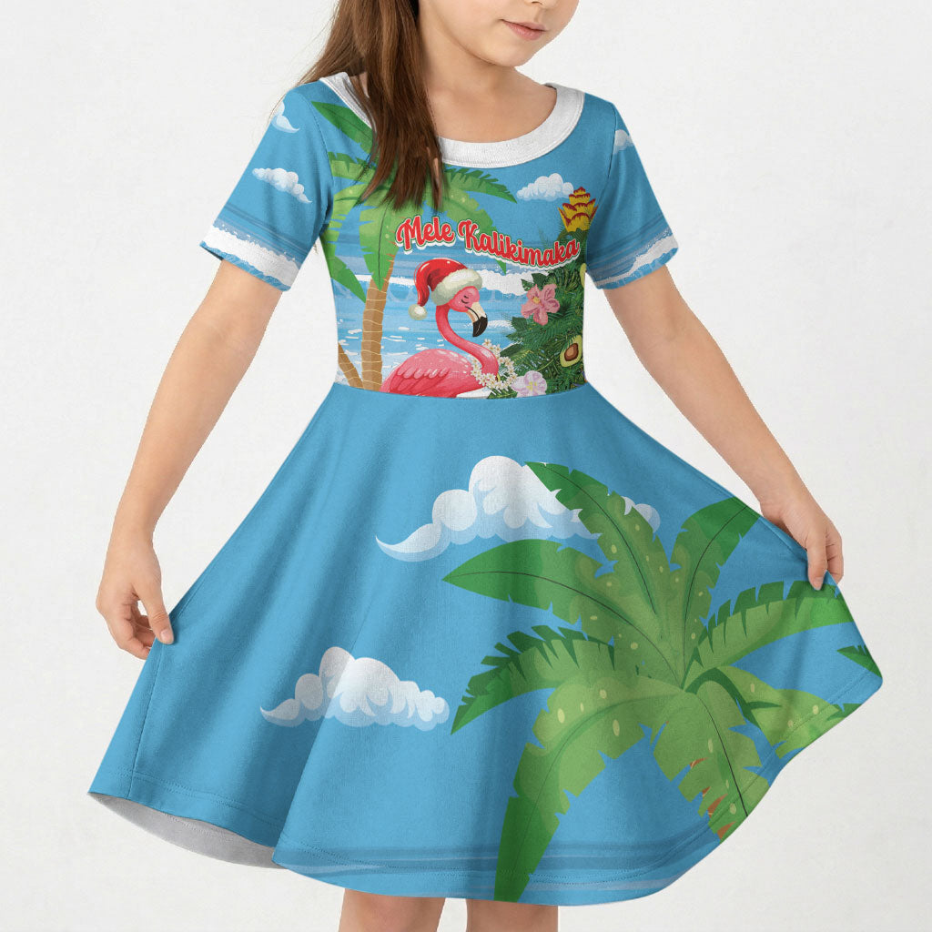 Flamingo Hawaii Summer Christmas Personalized Kid Short Sleeve Dress Mele Kalikimaka Beachy Vibes LT14 KID Blue - Polynesian Pride