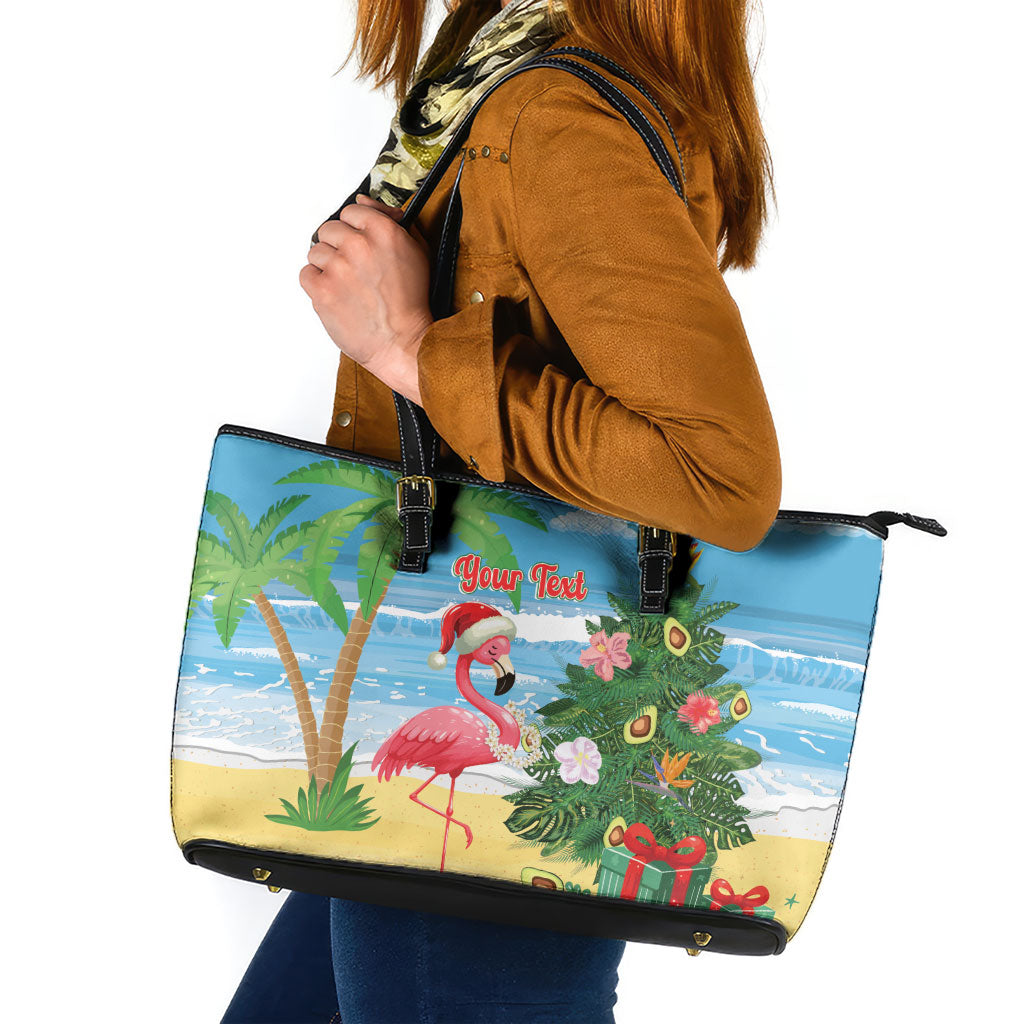 Flamingo Hawaii Summer Christmas Personalized Leather Tote Bag Mele Kalikimaka Beachy Vibes LT14 Blue - Polynesian Pride