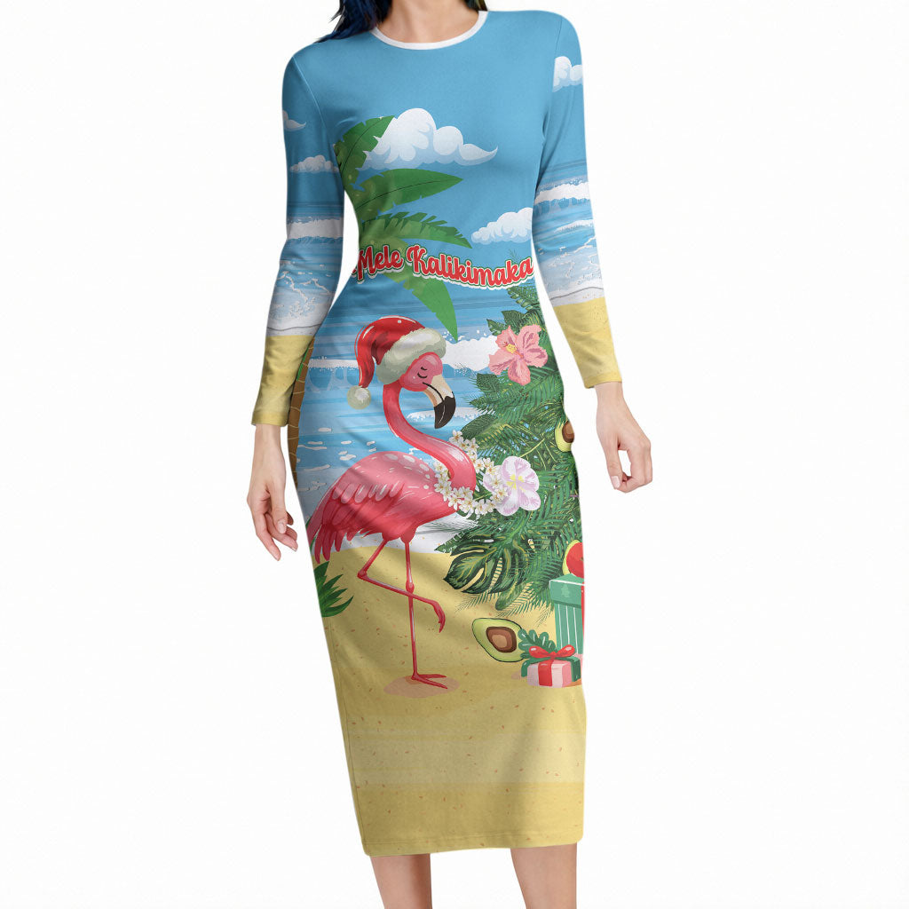 Flamingo Hawaii Summer Christmas Personalized Long Sleeve Bodycon Dress Mele Kalikimaka Beachy Vibes LT14 Long Dress Blue - Polynesian Pride