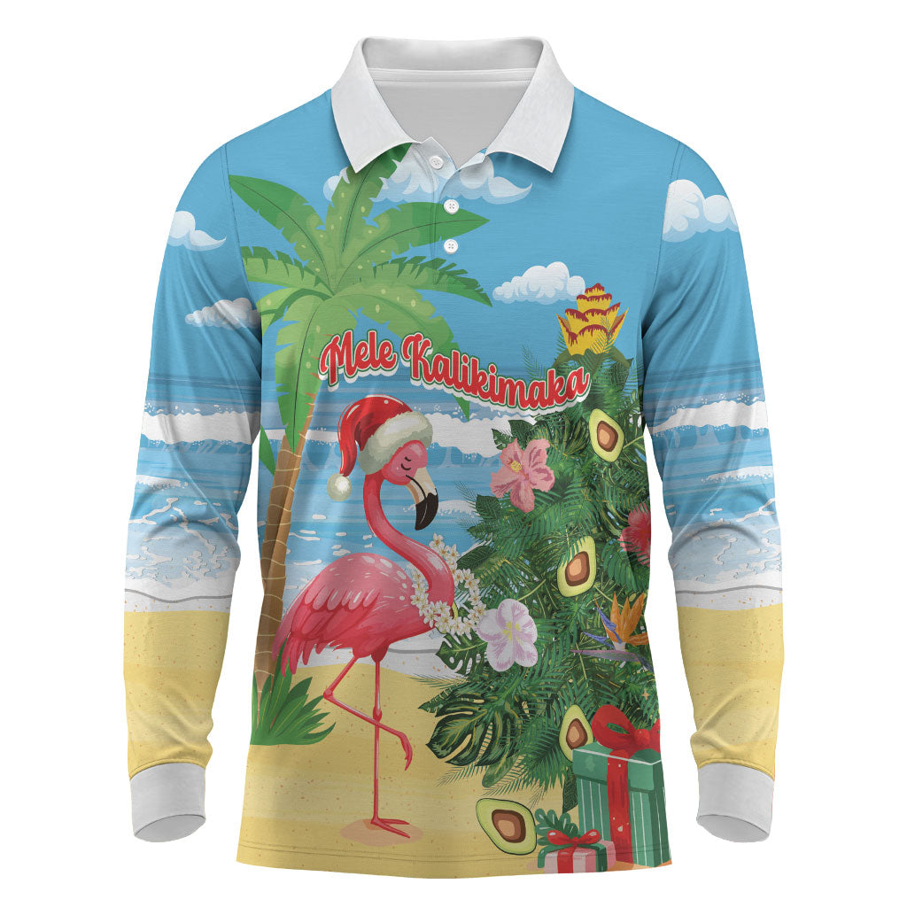 Flamingo Hawaii Summer Christmas Personalized Long Sleeve Polo Shirt Mele Kalikimaka Beachy Vibes LT14 Blue - Polynesian Pride