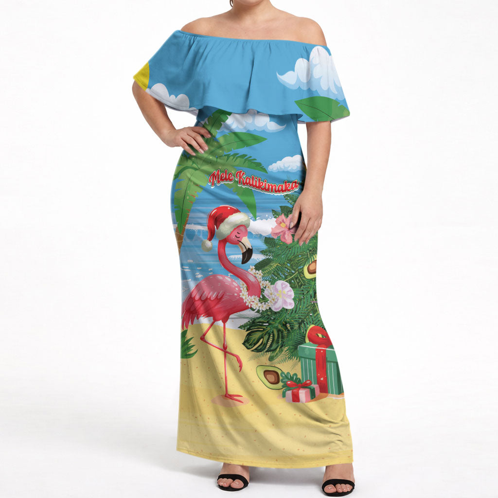 Flamingo Hawaii Summer Christmas Personalized Off Shoulder Maxi Dress Mele Kalikimaka Beachy Vibes LT14 Women Blue - Polynesian Pride