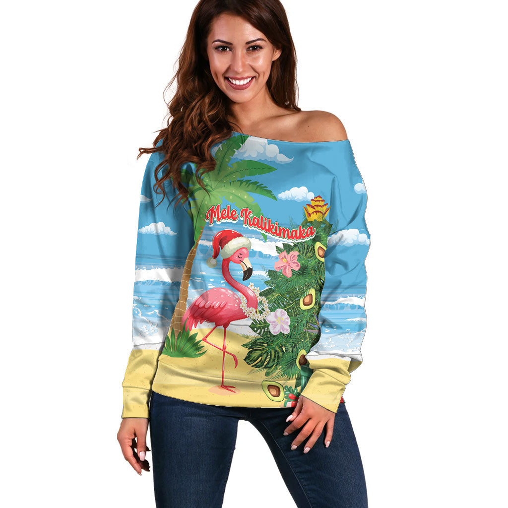 Flamingo Hawaii Summer Christmas Personalized Off Shoulder Sweater Mele Kalikimaka Beachy Vibes LT14 Women Blue - Polynesian Pride