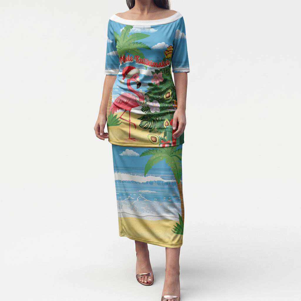 Flamingo Hawaii Summer Christmas Personalized Puletasi Mele Kalikimaka Beachy Vibes LT14 Long Dress Blue - Polynesian Pride