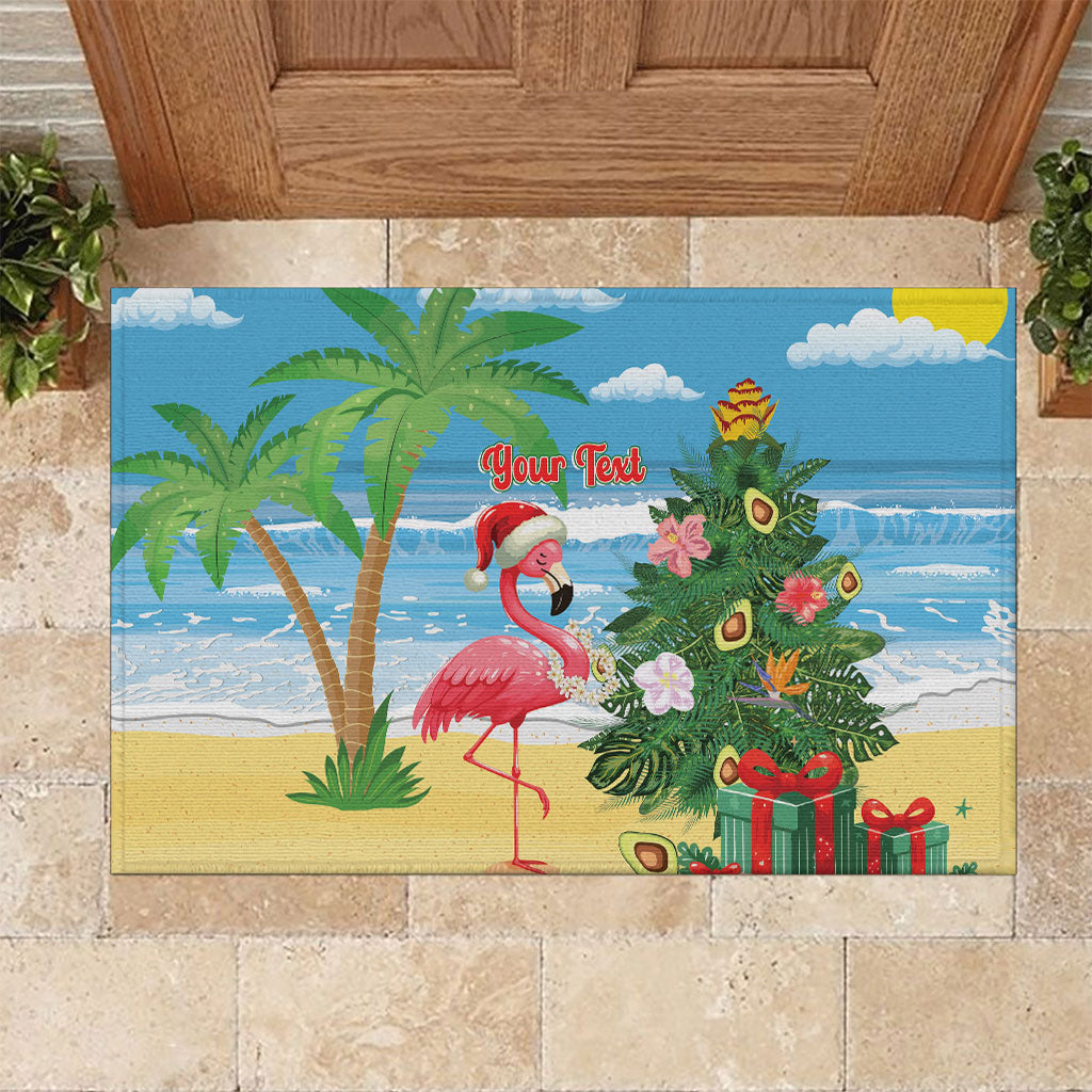 Flamingo Hawaii Summer Christmas Personalized Rubber Doormat Mele Kalikimaka Beachy Vibes
