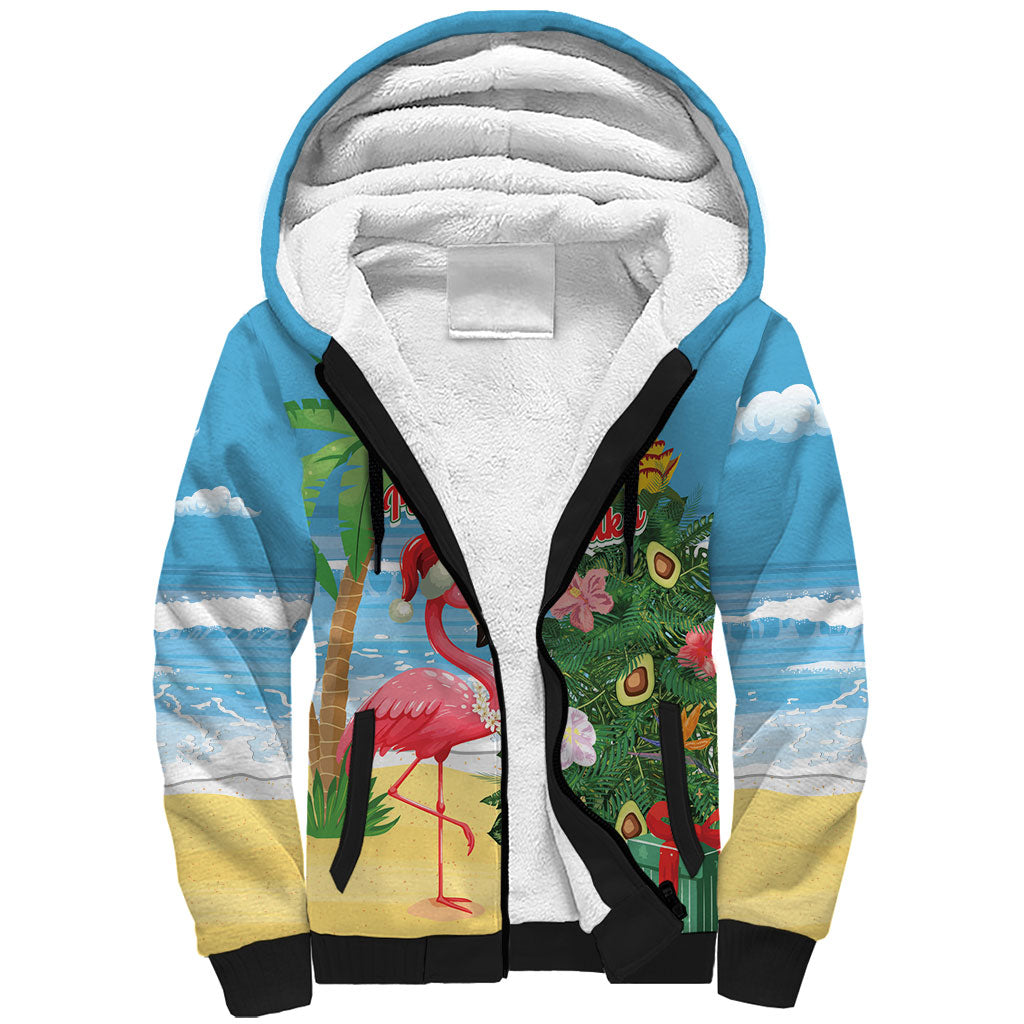 Flamingo Hawaii Summer Christmas Personalized Sherpa Hoodie Mele Kalikimaka Beachy Vibes LT14 Unisex Blue - Polynesian Pride