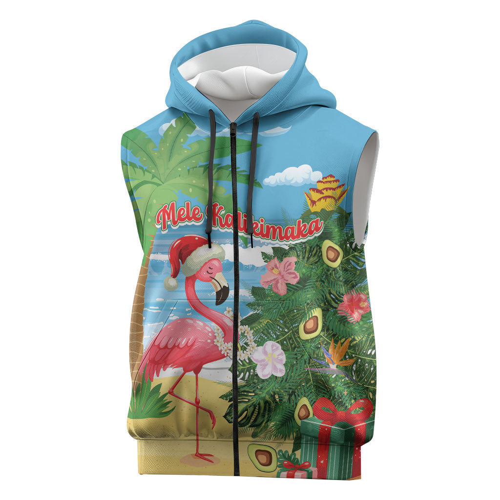 Flamingo Hawaii Summer Christmas Personalized Sleeveless Zip Hoodie Mele Kalikimaka Beachy Vibes LT14 Blue - Polynesian Pride
