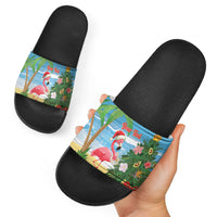 Flamingo Hawaii Summer Christmas Personalized Slide Sandals Mele Kalikimaka Beachy Vibes
