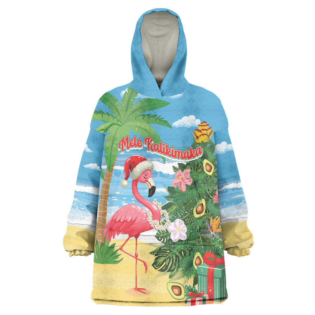 Flamingo Hawaii Summer Christmas Personalized Wearable Blanket Hoodie Mele Kalikimaka Beachy Vibes LT14 One Size Blue - Polynesian Pride