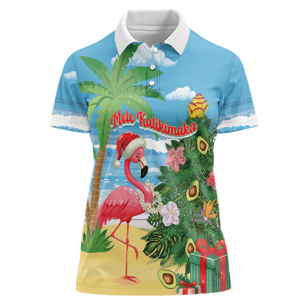 Flamingo Hawaii Summer Christmas Personalized Women Polo Shirt Mele Kalikimaka Beachy Vibes LT14 Female Blue - Polynesian Pride