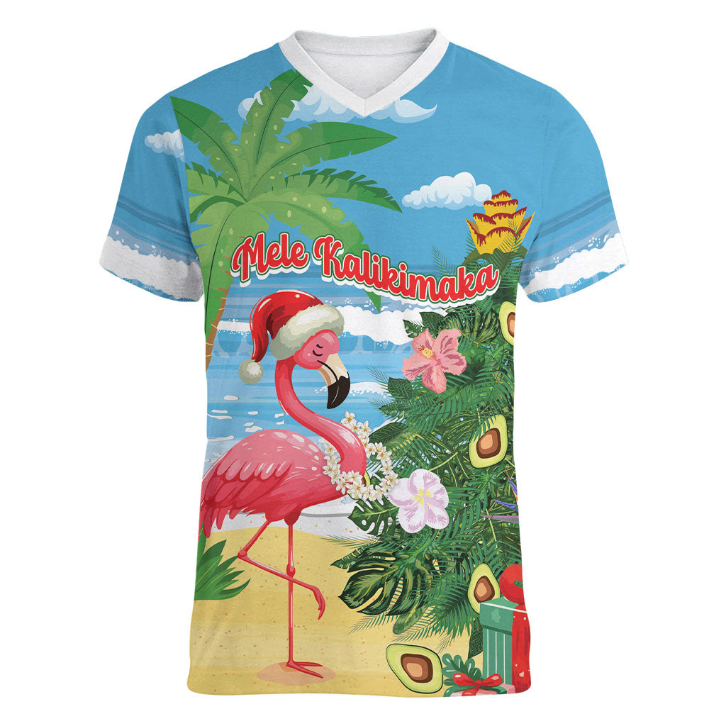 Flamingo Hawaii Summer Christmas Personalized Women V-Neck T-Shirt Mele Kalikimaka Beachy Vibes LT14 Female Blue - Polynesian Pride