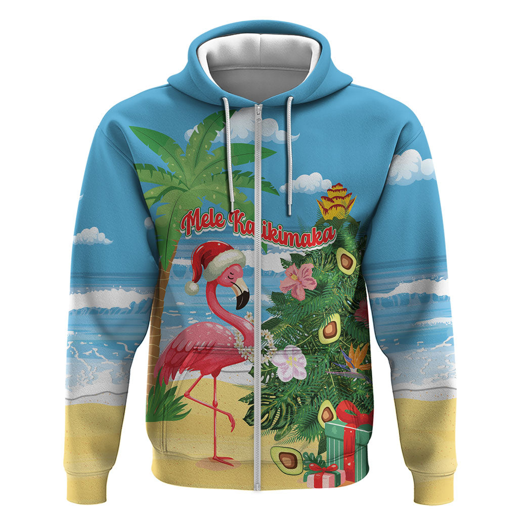 Flamingo Hawaii Summer Christmas Personalized Zip Hoodie Mele Kalikimaka Beachy Vibes LT14 Zip Hoodie Blue - Polynesian Pride
