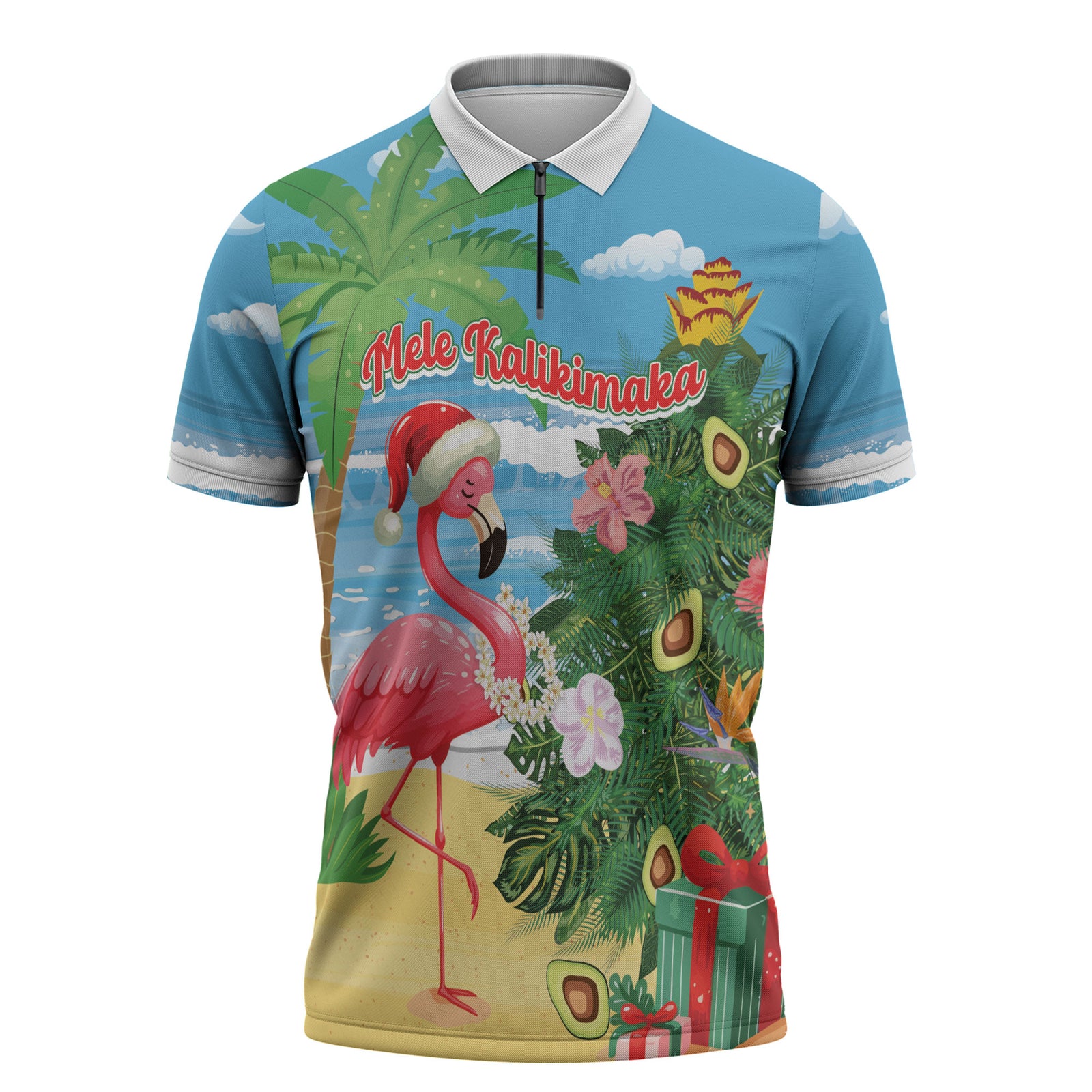 Flamingo Hawaii Summer Christmas Personalized Zipper Polo Shirt Mele Kalikimaka Beachy Vibes LT14 Blue - Polynesian Pride