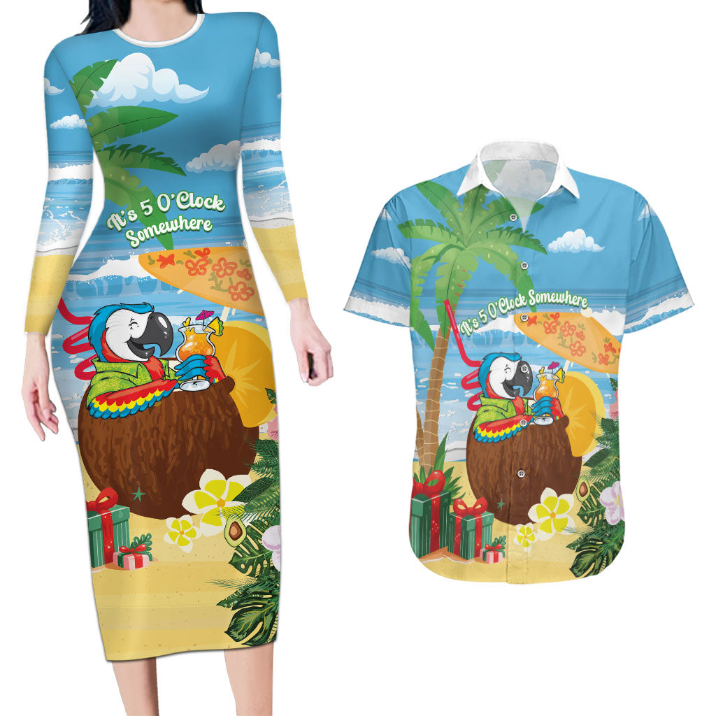 Chilling Parrot Hawaii Summer Christmas Personalized Couples Matching Long Sleeve Bodycon Dress and Hawaiian Shirt It's 5 O'Clock Somewhere Beachy Vibes LT14 Blue - Polynesian Pride