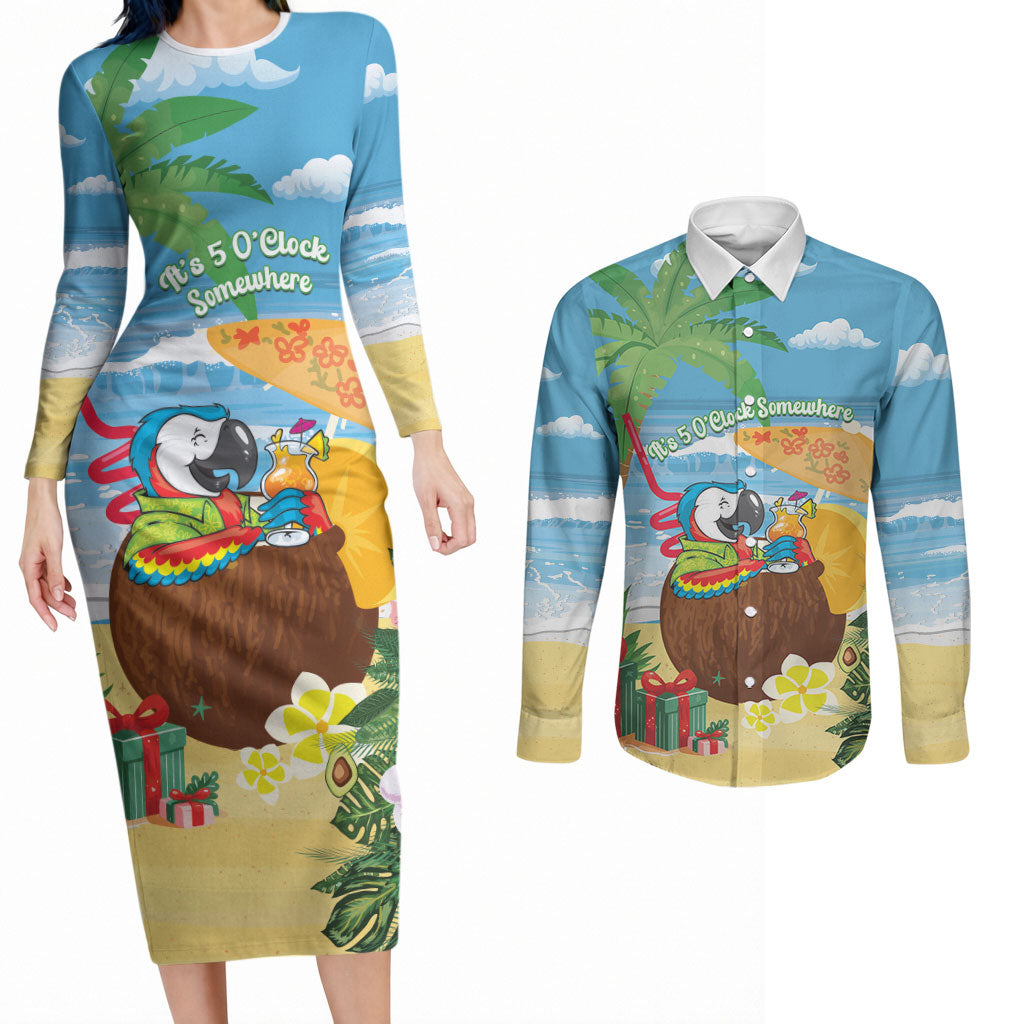 Chilling Parrot Hawaii Summer Christmas Personalized Couples Matching Long Sleeve Bodycon Dress and Long Sleeve Button Shirt It's 5 O'Clock Somewhere Beachy Vibes LT14 Blue - Polynesian Pride