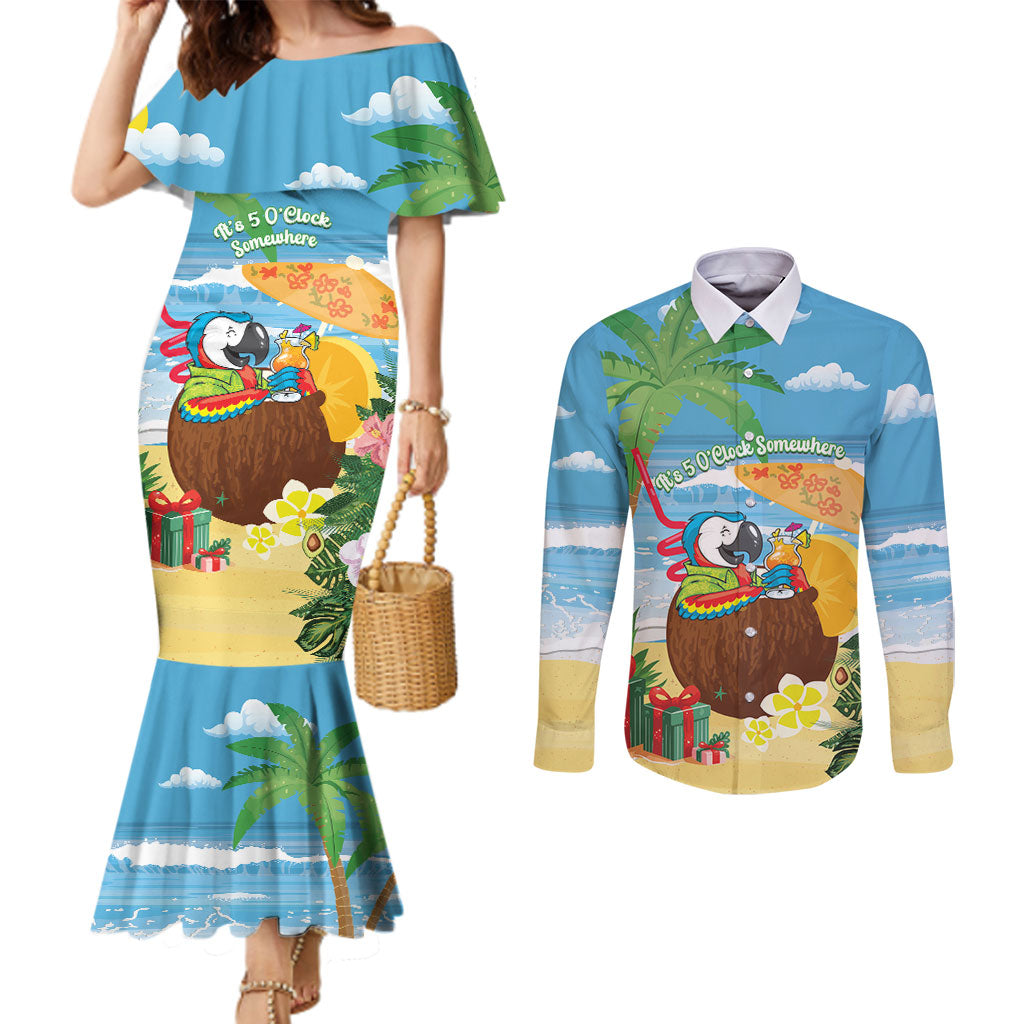 Chilling Parrot Hawaii Summer Christmas Personalized Couples Matching Mermaid Dress and Long Sleeve Button Shirt It's 5 O'Clock Somewhere Beachy Vibes