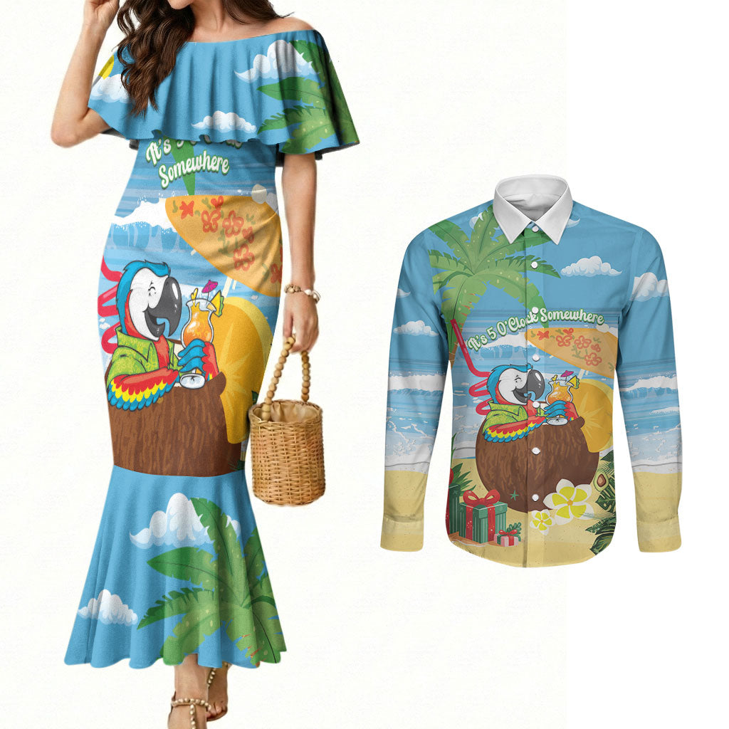 Chilling Parrot Hawaii Summer Christmas Personalized Couples Matching Mermaid Dress and Long Sleeve Button Shirt It's 5 O'Clock Somewhere Beachy Vibes LT14 Blue - Polynesian Pride