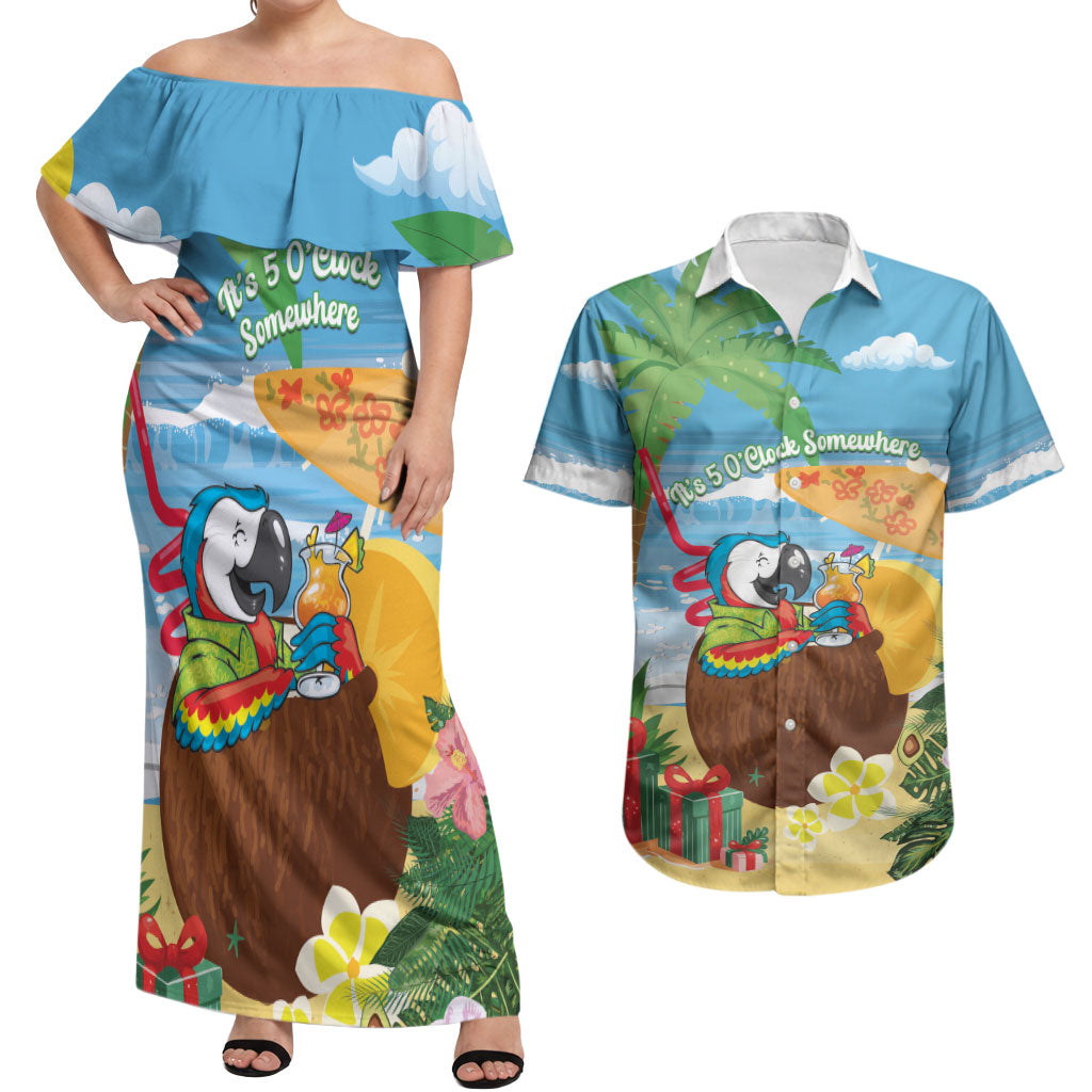 Chilling Parrot Hawaii Summer Christmas Personalized Couples Matching Off Shoulder Maxi Dress and Hawaiian Shirt It's 5 O'Clock Somewhere Beachy Vibes LT14 Blue - Polynesian Pride