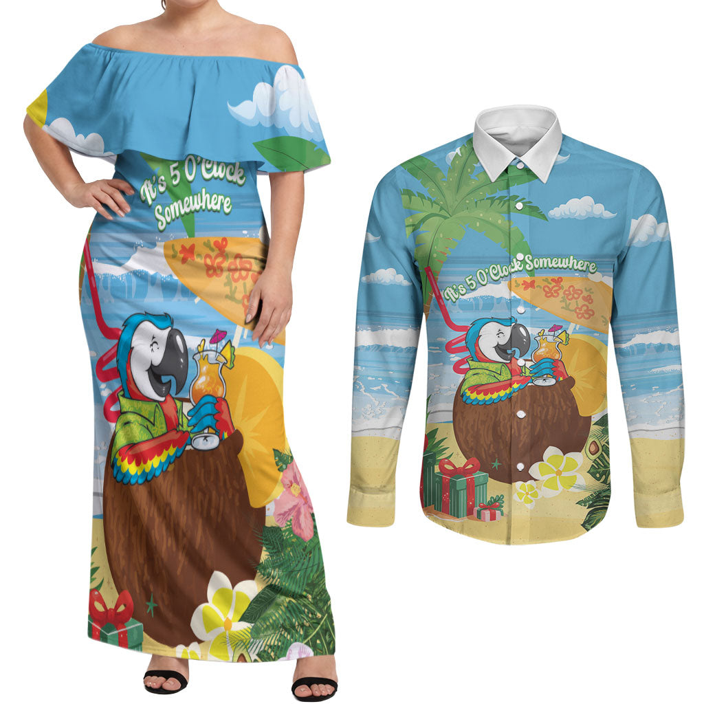 Chilling Parrot Hawaii Summer Christmas Personalized Couples Matching Off Shoulder Maxi Dress and Long Sleeve Button Shirt It's 5 O'Clock Somewhere Beachy Vibes LT14 Blue - Polynesian Pride