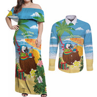Chilling Parrot Hawaii Summer Christmas Personalized Couples Matching Off Shoulder Maxi Dress and Long Sleeve Button Shirt It's 5 O'Clock Somewhere Beachy Vibes