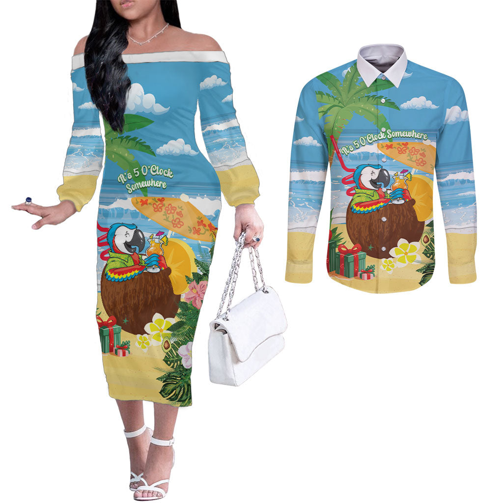 Chilling Parrot Hawaii Summer Christmas Personalized Couples Matching Off The Shoulder Long Sleeve Dress and Long Sleeve Button Shirt It's 5 O'Clock Somewhere Beachy Vibes LT14 Blue - Polynesian Pride