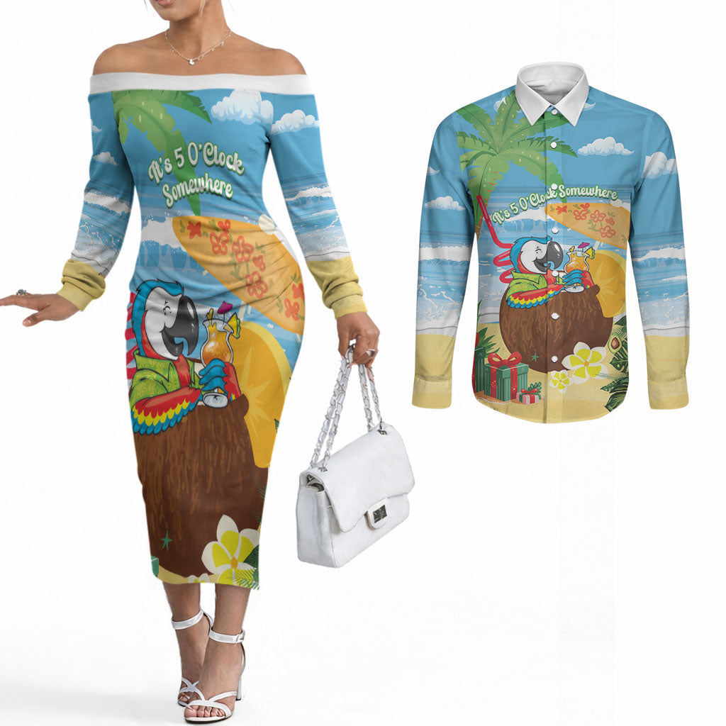 Chilling Parrot Hawaii Summer Christmas Personalized Couples Matching Off The Shoulder Long Sleeve Dress and Long Sleeve Button Shirt It's 5 O'Clock Somewhere Beachy Vibes LT14 Blue - Polynesian Pride