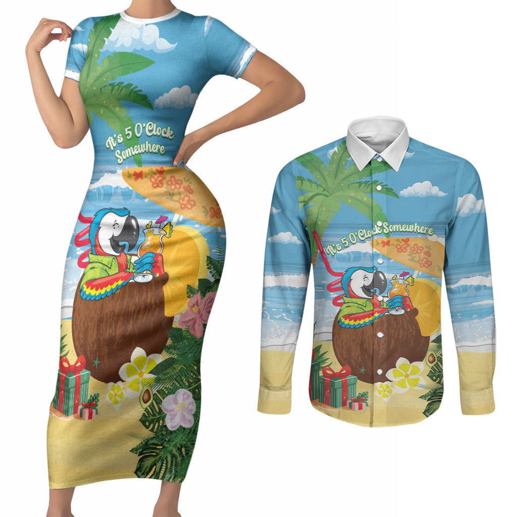 Chilling Parrot Hawaii Summer Christmas Personalized Couples Matching Short Sleeve Bodycon Dress and Long Sleeve Button Shirt It's 5 O'Clock Somewhere Beachy Vibes LT14 Blue - Polynesian Pride