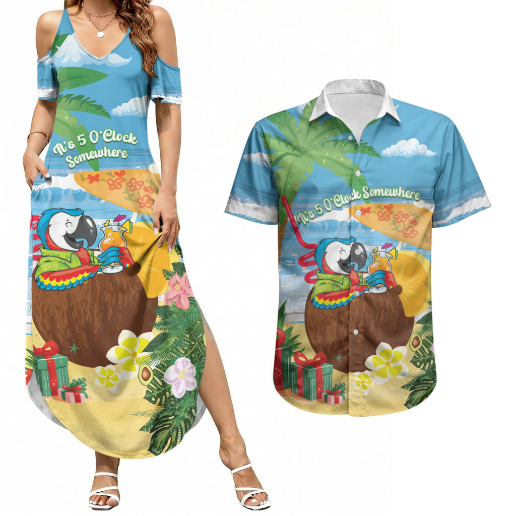 Chilling Parrot Hawaii Summer Christmas Personalized Couples Matching Summer Maxi Dress and Hawaiian Shirt It's 5 O'Clock Somewhere Beachy Vibes LT14 Blue - Polynesian Pride