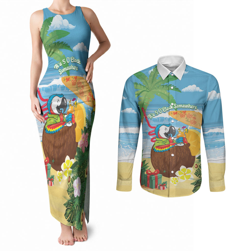 Chilling Parrot Hawaii Summer Christmas Personalized Couples Matching Tank Maxi Dress and Long Sleeve Button Shirt It's 5 O'Clock Somewhere Beachy Vibes LT14 Blue - Polynesian Pride