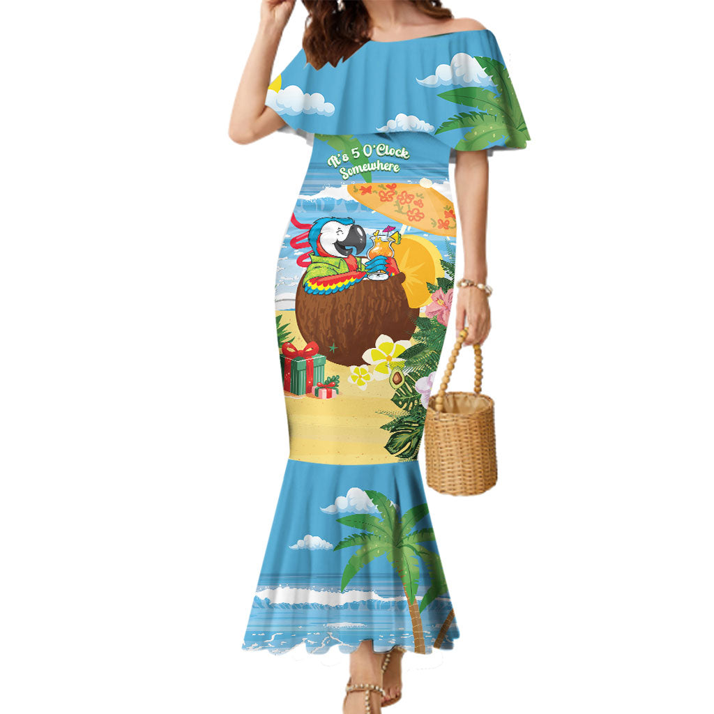 Chilling Parrot Hawaii Summer Christmas Personalized Family Matching Mermaid Dress and Hawaiian Shirt It's 5 O'Clock Somewhere Beachy Vibes LT14 Mom's Dress Blue - Polynesian Pride